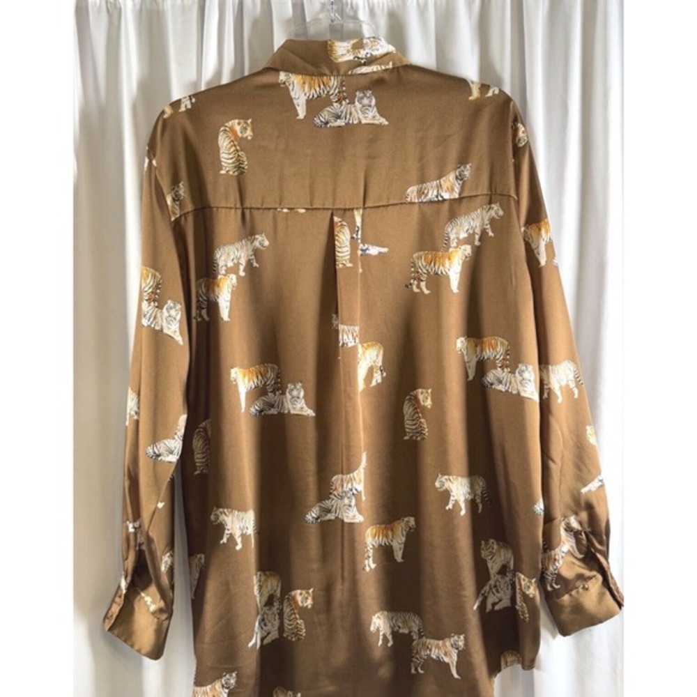 ZARA‎ Tiger Print Long Sleeve Button Down Shirt Women's L Brown Preppy  72-27 - Picture 14 of 15
